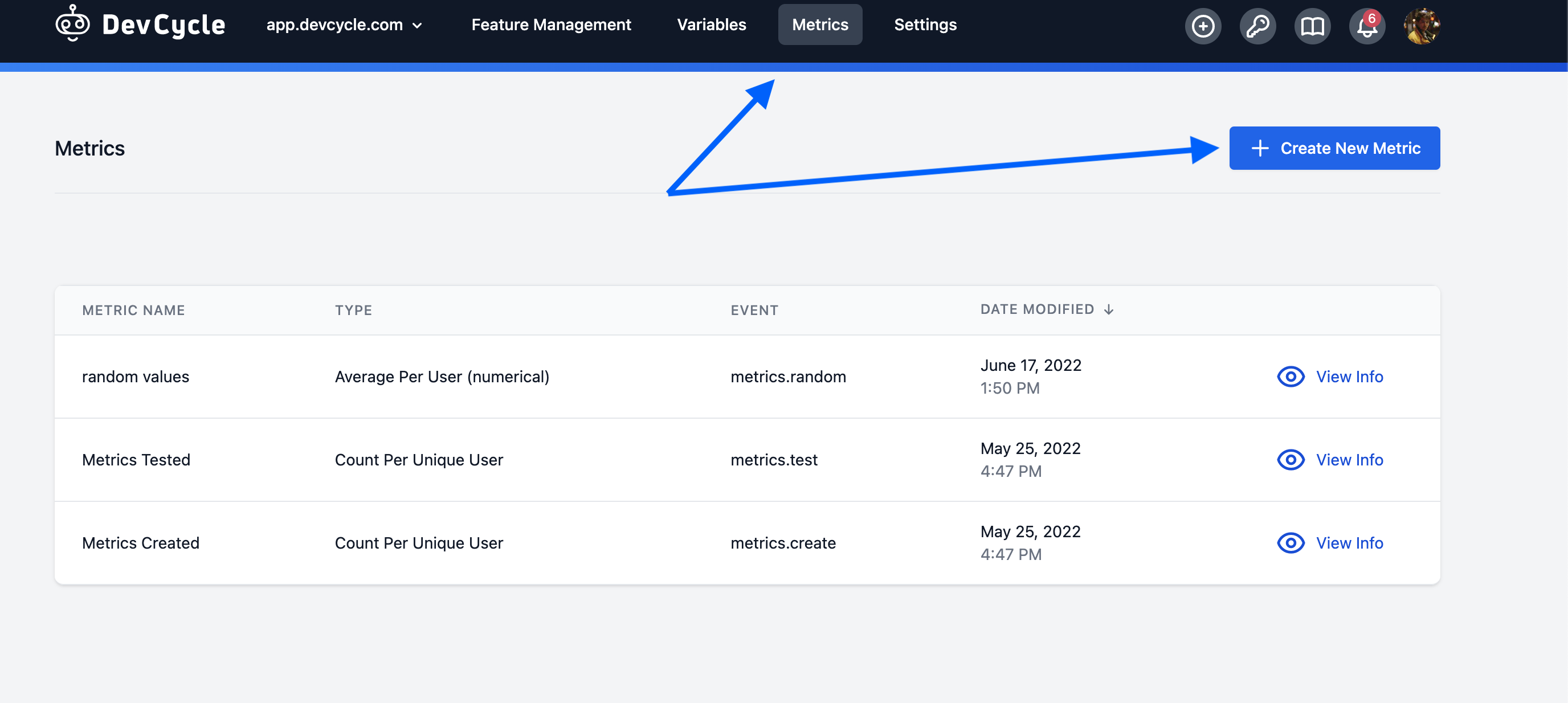 Image of Metrics page with arrow pointing towards create button and tab